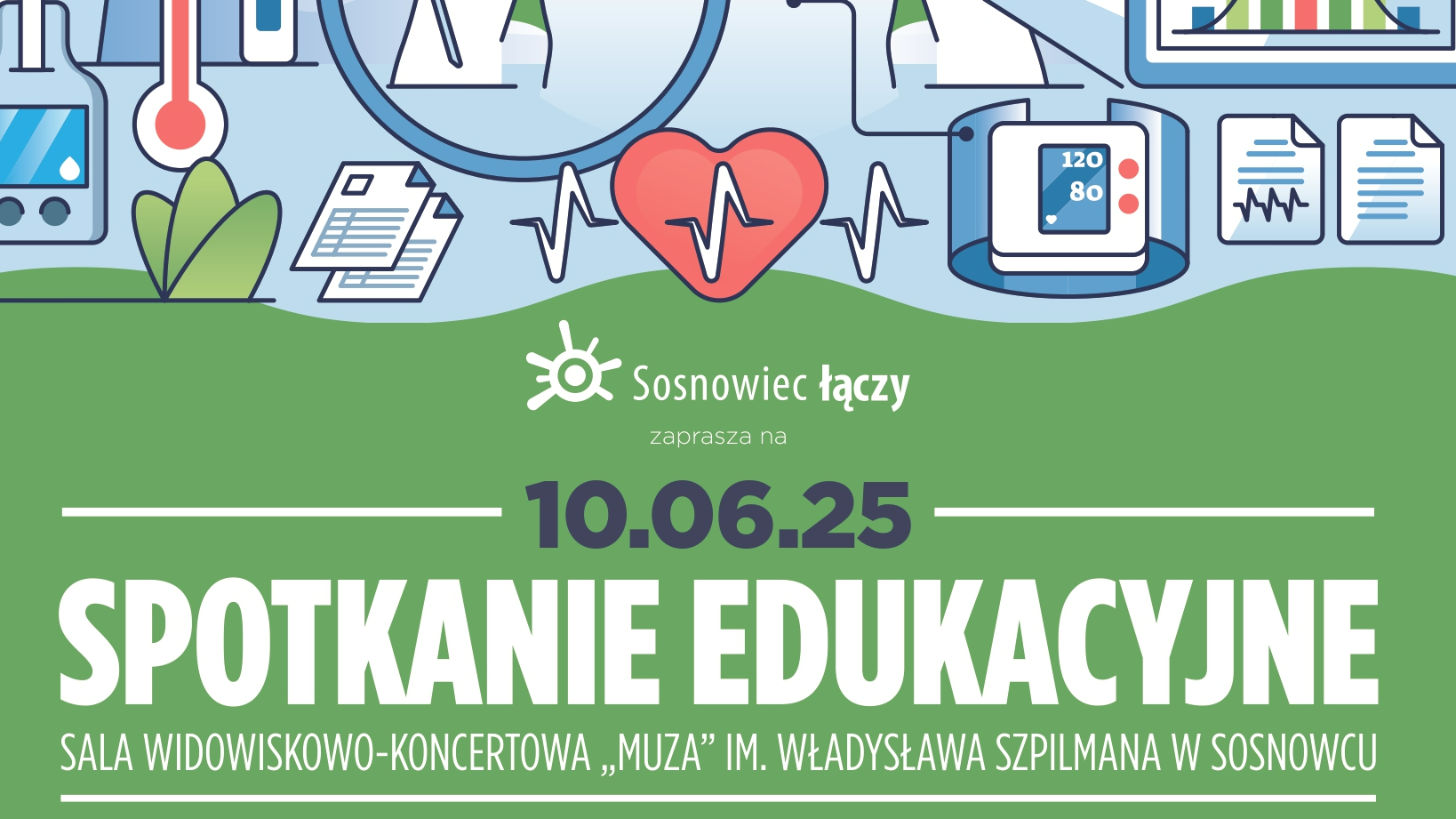 Głównym elementem rysunku jest dłoń trzymająca stetoskop, którego drugi koniec jest przyłożony do klatki piersiowej. Wokół różne grafiki kojarzące się z badaniami: Glukometr, recepty, termometr, ciśnieniomierz, strzykawka. W dolnej częśc