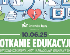 Głównym elementem rysunku jest dłoń trzymająca stetoskop, którego drugi koniec jest przyłożony do klatki piersiowej. Wokół różne grafiki kojarzące się z badaniami: Glukometr, recepty, termometr, ciśnieniomierz, strzykawka.  W dolnej częśc