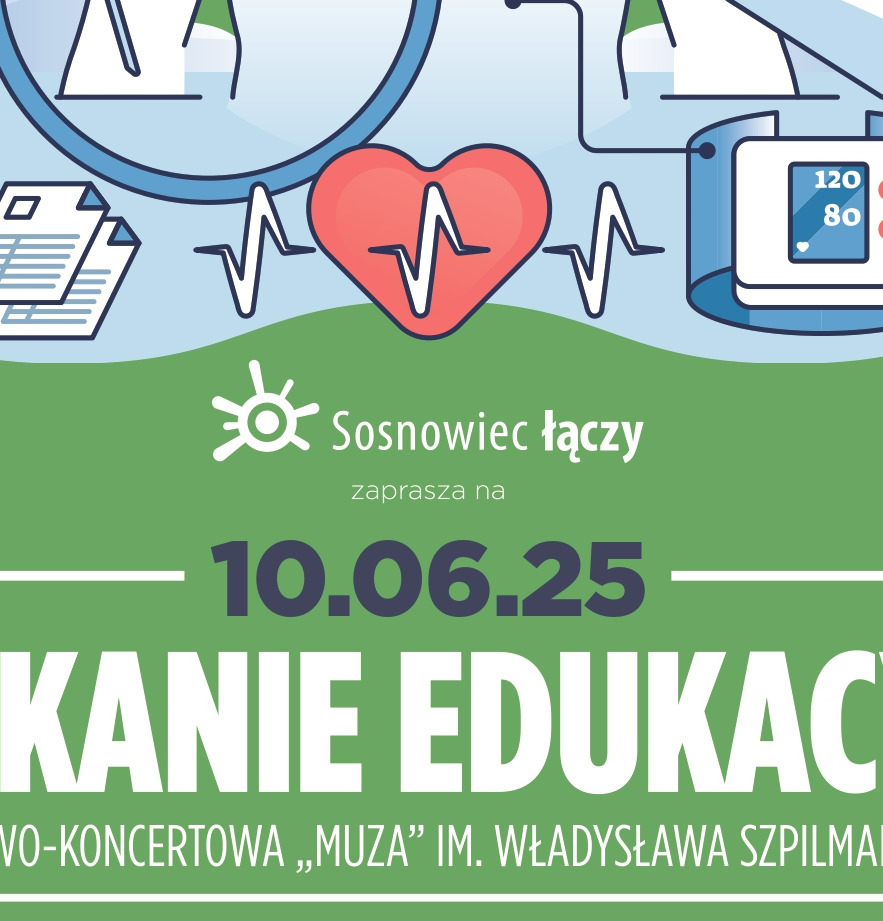 Głównym elementem rysunku jest dłoń trzymająca stetoskop, którego drugi koniec jest przyłożony do klatki piersiowej. Wokół różne grafiki kojarzące się z badaniami: Glukometr, recepty, termometr, ciśnieniomierz, strzykawka.  W dolnej częśc
