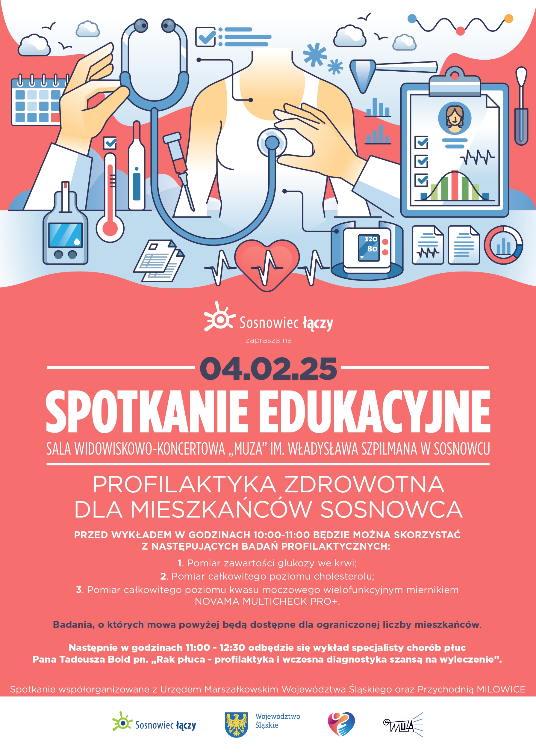 Plakat - Zapraszamy na lutowe spotkanie edukacyjne w Sosnowcu